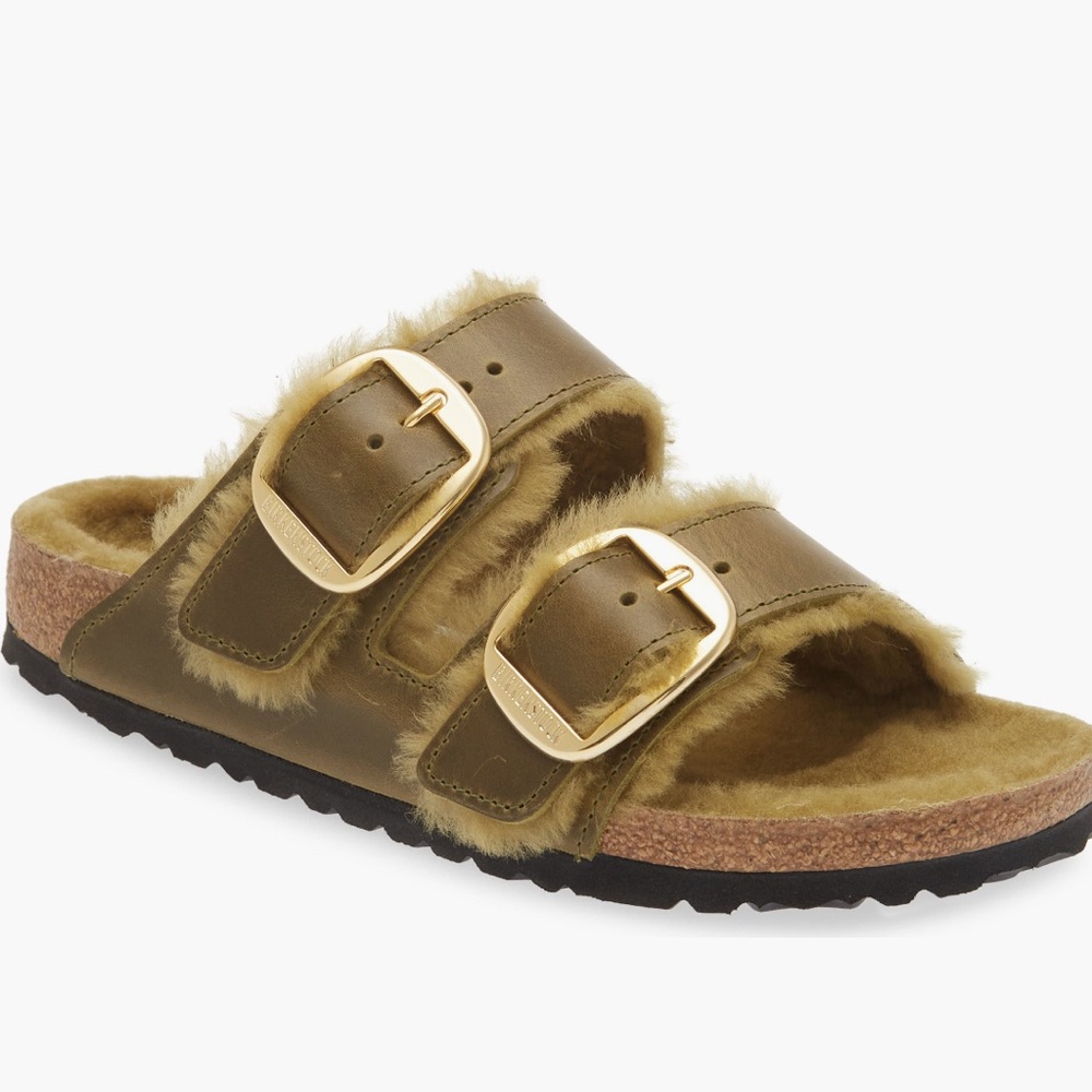 NEW Birkenstock Arizona Olive Green Big Buckle Shearling Lined Sandals